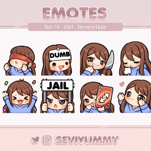 Conjunto n.° 4 de emoticones de Twitch/Discord: chica chibi, cabello castaño, piel clara y ojos marrones