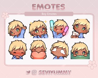 Twitch / Discord Emotes - Chibi Boy - Cabello Rubio - Piel Oscura - Ojos Verdes