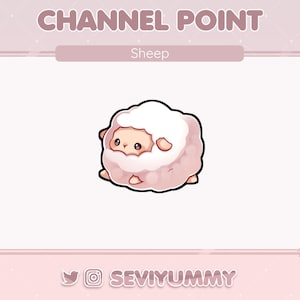 May include: A cartoon illustration of a white sheep with pink cheeks and a light brown nose. The sheep is looking to the left and has a fluffy white body. The image is set against a pink background with a white border.