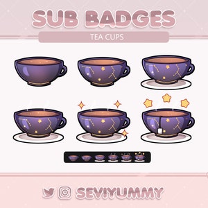 May include: A set of six animated Twitch sub badges featuring a purple teacup with gold stars and a constellation design. The badges show the teacup in different stages of animation, including steaming, sparkling, and with a tea bag.