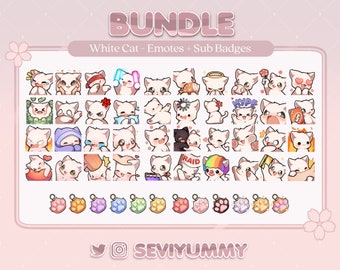 White Cat Bundle Pack - 40 Emotes & 12 Sub Badges (Twitch/Discord)