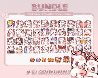 2nd Pink Kitsune Bundle Pack - 40 Emotes & 6 Sub Badges (Twitch/Discord)