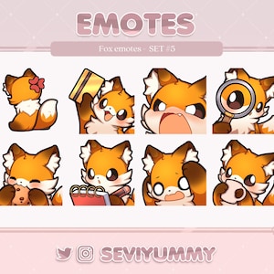 Puede incluir: Un conjunto de ocho emoticonos de zorro de dibujos animados con varias expresiones y acciones. Los zorros son de color naranja y blanco con detalles en negro. Los emoticonos incluyen un zorro con una flor, sosteniendo una tarjeta, con una cara enfadada, sosteniendo una lupa, comiendo una galleta, escribiendo, confundido y sosteniendo una taza.
