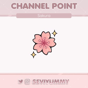 Peut inclure: Une fleur de cerisier rose à cinq pétales et un centre jaune. La fleur est entourée d'un fond blanc avec une bordure rose. Le texte "CHANNEL POINT" est en haut de l'image, et le texte "Sakura" est sous la fleur. Le texte "SEVIYUMMY" est en bas de l'image.