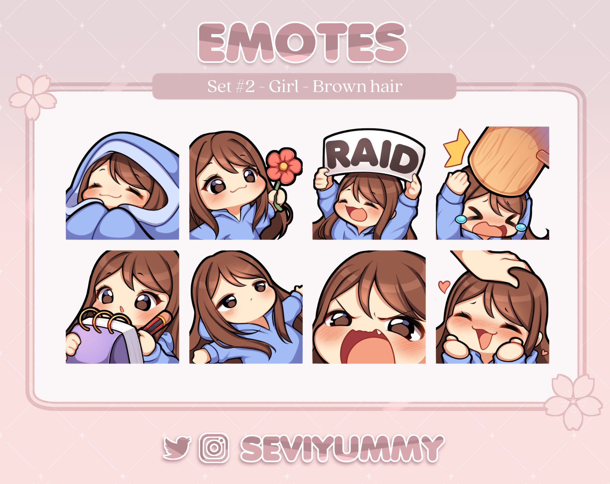 Set #2 Twitch / Discord Emotes - Chibi Girl - Brown Hair