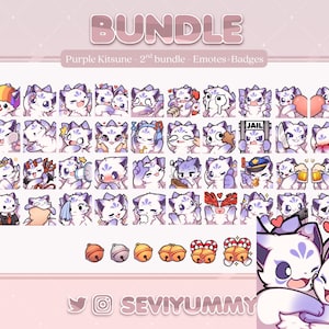 Puede incluir: Un conjunto de arte digital con un personaje de zorro morado y blanco en varias poses y expresiones. La imagen incluye emotes y insignias, con el texto "BUNDLE" y "Purple Kitsune - 2nd bundle - Emotes+Badges".