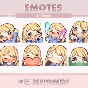 Set #1 Twitch / Discord Emotes - Chibi Girl - Blonde Hair - Light Skin - Blue Eyes