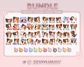 May include: A set of 36 colorful animated emotes and 10 badges featuring a calico cat in various poses and expressions. The emotes and badges are designed for use on Twitch and other streaming platforms. The text "Calico Cat - 1st bundle - Emotes + Badges" is displayed at the top of the image. The text "SEVIYUMMY" is displayed at the bottom of the image.