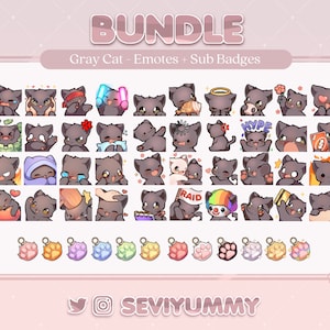 Paquete de paquete de gato gris: 40 emoticones y 12 insignias de suscripción (Twitch/Discord)