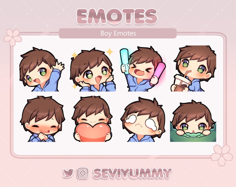 Twitch / Discord Emotes Chibi Boy Brown Hair Light Skin Green Eyes image 1