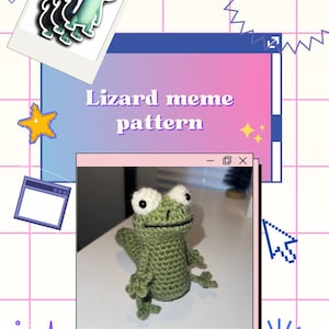 Puede incluir: Un lagarto verde tejido a mano con ojos blancos y extremidades pequeñas. La imagen incluye una ilustración digital de un lagarto y el texto "Lizard meme pattern". El fondo es una cuadrícula rosa y azul.