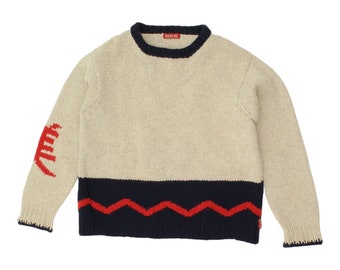 Replay Mens Beige Navy Wool Knit Jumper | Vintage High End Designer Sweater VTG