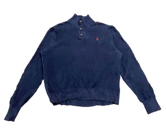 Polo Ralph Lauren Baumwoll Strick Button Up Pullover | Vintage Designer Pullover Blau