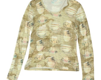 Paul Smith Womens Kitten Teacup All Over Print Long Sleeve Stretchy Tshirt | VTG