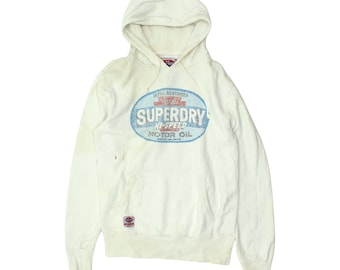 Superdry Motor Oil Mens White Pullover Hoodie | Vintage Designer Hoody VTG