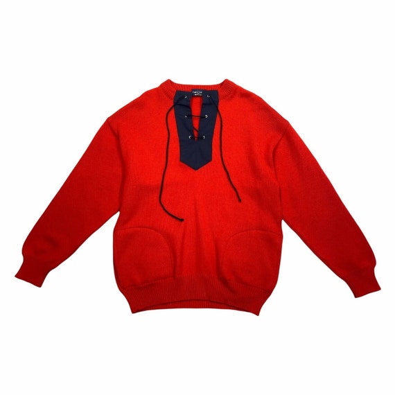 MoralFibersShop Fred Perry Drawstring Collar Knitted Wool Jumper | Vintage Designer Sweater Red