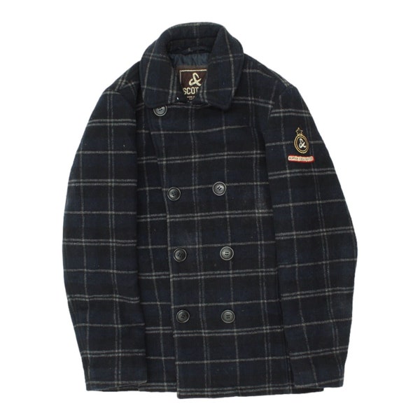 Scotch & Soda Mens Navy Double Breasted Check Wool Pea Coat | Vintage Designer