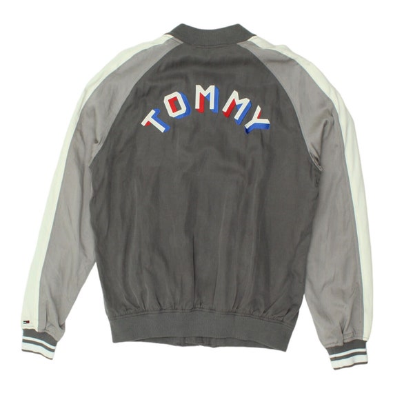 Tommy Hilfiger Denim Mens Grey Cupro Cotton Bomber Jacket Vintage Designer VTG