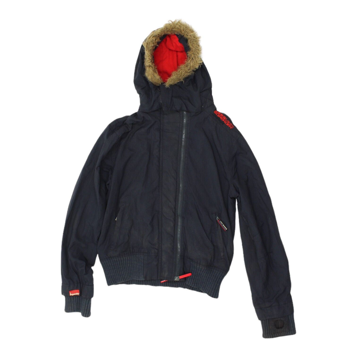 Superdry Womens Blue Faux Fur Hooded Windbomber Jacket Vintage Designer VTG