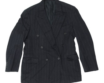 Yves Saint Laurent Mens Navy Striped Double Breasted Blazer Jacket | Designer