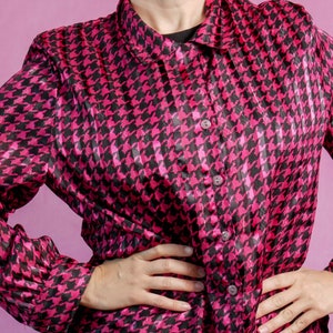 Vintage 90s / Pink and Black Houndstooth Button Up Blouse By Alia Petite