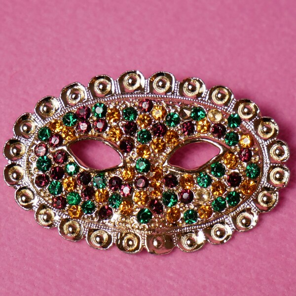 Brooch Set Masquerade Mask Design Oval Pin Vintage 80s  ERA Estate Jewelry