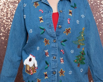 Vintage Denim Sequins Christmas Shirt / &#39;Ugly&#39; Christmas Top