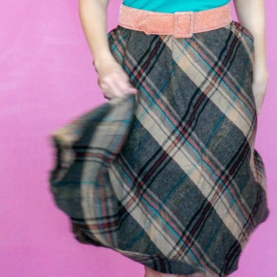 Teal and Purple Size 28 Waist Vtg 80/'s Does 50/'s Wool Plaid Skirt