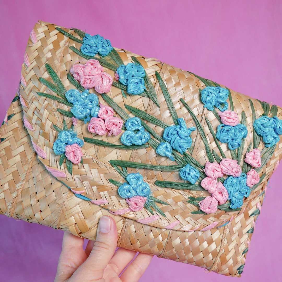 Vintage Straw Clutch With Pink and Blue Flowers Etsy