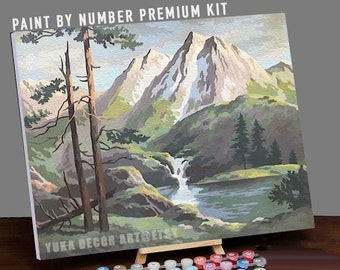 Kit de pintura por números de montaña para adultos, arte vintage de cascada y río, pintura acrílica fácil para principiantes, regalo de decoración rústica