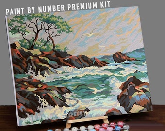 Vintage PAINT by NUMBER Kit for Adult , Easy Seascape Waves Painting ,  Beginners Acrylic Painting ,vintage Decor Gift 