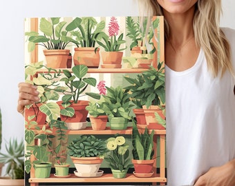 May include: A paint by number kit featuring a colorful illustration of potted plants on a shelf. The canvas size is 40 x 50 inches. The kit includes paints, brushes, and a canvas.