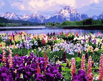 Lavendel Blumen PAINT by NUMBERS Kit für Erwachsene und Kinder, Schnee Berg Malerische Aussicht, Acrylmalerei Kit für Anfänger, Wandkunst, Hobby Geschenk