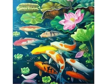 Paint by Numbers Kit for Adults & Kids Easy DIY Art Kit, Koi Fish Lake Water Lilies Garden Art Adults Acrylic Painting Kit  - Home Decor