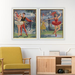 Vintage Paint By Number Set of 2,Ballet Dancer Couple,Moonlit lake , Vintage Wall Art