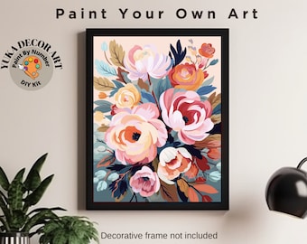 May include: Paint by numbers kit featuring a floral bouquet with pink, orange, and white flowers on a blue background. The kit is available in three canvas sizes. The featured canvas is 40 x 50 inches.