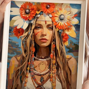 Boho Flower Girl PAINT by NUMBERS DIY Kit for Adults Colorful Vibrant Style Easy Beginner Painting Kit Home Decor Wall Art Gift Housewarming