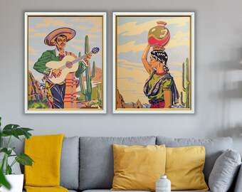 Kit de pintura por números vintage para adultos, juego de 2: Nativo mexicano tocando la guitarra con vendedora, pintura acrílica fácil para principiantes, arte vintage