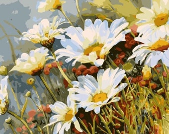 Paint by Numbers DIY Kit for Adults ,White Daisies,Countryside Daisy Field, Easy Beginner's Acrylic Painting Wall Art Gift