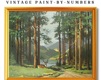 Evergreen Trees PAINT by NUMBER Kit for Adult , Deer In Forest Vintage Style DIY Art , Easy Beginner Acrylic Painting Kit,Vintage Decor Gift