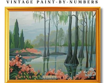 Vintage PAINT by NUMBER Kit Adult, Lakeside Scene , Forest Mist Pink Flowers, Easy Beginner Acrylic Painting DIY Kit,Vintage Decor Gift