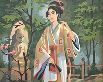 Oriental Woman Vintage PAINT by NUMBER  Adult , Japanese  Buddha Garden Landscape , Easy DIY Beginners  Painting Kit , Wall decor  Gift
