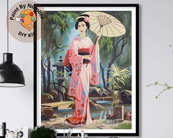 May include: Paint by numbers kit featuring a woman in a pink kimono holding an umbrella in a garden setting. The kit is available in three sizes: 40x50 cm, 50x65 cm, and 60x75 cm. Explore more Asian themed paint by numbers kits in the vintage collection.