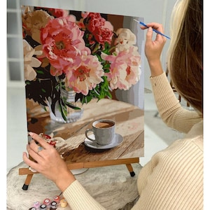Pink Peach Peonies Paint by Number Kit Adult, Flowers Still Life Painting,Easy Beginner Acrylic Paint Kit, Gift For Mom, Home Decor Gift