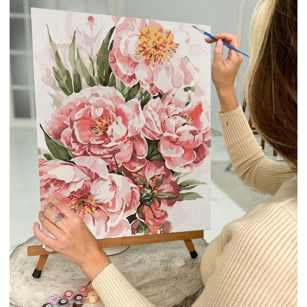 Kit de peinture pivoines roses par numéro adulte, peinture de fleurs, kit de peinture acrylique facile pour débutant, cadeau d'anniversaire de maman, cadeau déco