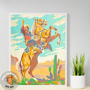 Vintage PAINT by NUMBER Kit Adult, Cowboy Desert Art ,Rodeo Bucking Horse ,  Easy Beginner Acrylic Painting DIY Kit,Vintage  Decor Gift