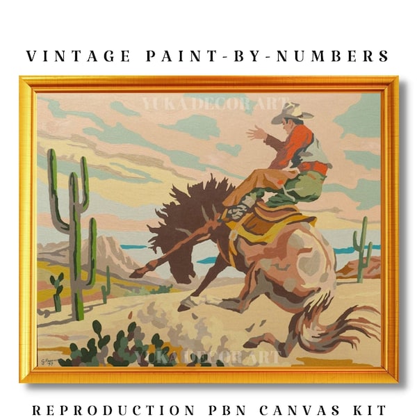 Vintage PAINT by NUMBER Kit Adult Cowboy Desert Art Easy Beginner Acrylic Painting DIY Kit Vintage Cabin Decor Gift Dad Grandfather