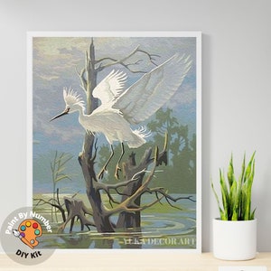 White Egret Bird Vintage PAINT by NUMBER Kit | Adult DIY Painting Kit Birds In Lake  , Easy Beginner Oil Painting,Vintage Art Decor Gift