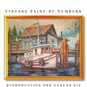 Vintage  PAINT by NUMBER Kit for Adult , DIY Boat Dock painting , Easy Beginner Acrylic Painting Kit,Home Decor Gift