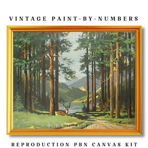 Evergreen Trees PAINT by NUMBER Kit for Adult , Deer In Forest Vintage Style DIY Art , Easy Beginner Acrylic Painting Kit,Vintage Decor Gift